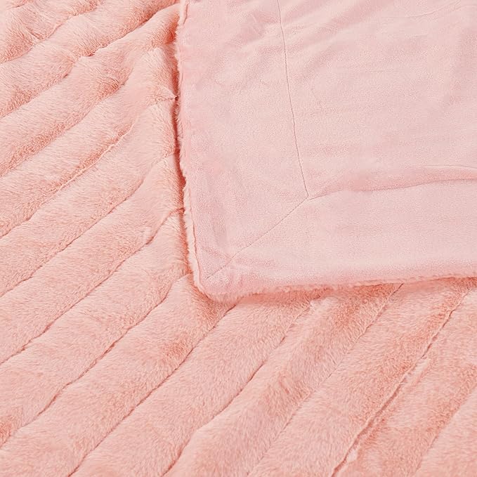 Striped Throw Blanket and Pillow Covers Set (No Inserts) for Couch and Bed, Plush Warm Lightweight Fuzzy Faux Fur Blanket for All Seasons (60" x 80", Pink)