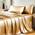 CozyLux Satin Sheets King Size Sheet Set - 4 Piece Silky King Sheets, Luxury Gold King Bed Set with Smooth and Soft Microfiber, Includes 1 Fitted Sheet, 1 Flat Sheet and 2 Pillowcases