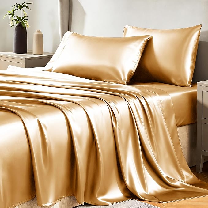 CozyLux Satin Sheets King Size Sheet Set - 4 Piece Silky King Sheets, Luxury Gold King Bed Set with Smooth and Soft Microfiber, Includes 1 Fitted Sheet, 1 Flat Sheet and 2 Pillowcases