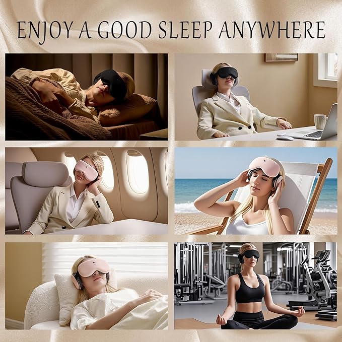 CLOZIA Sleep Mask Wireless Bluetooth, White Noise Bluetooth Sleep Mask with 12 Soothing Sound, Sleep Mask with Bluetooth Headphones for Travel Yoga Office Meditation, Black