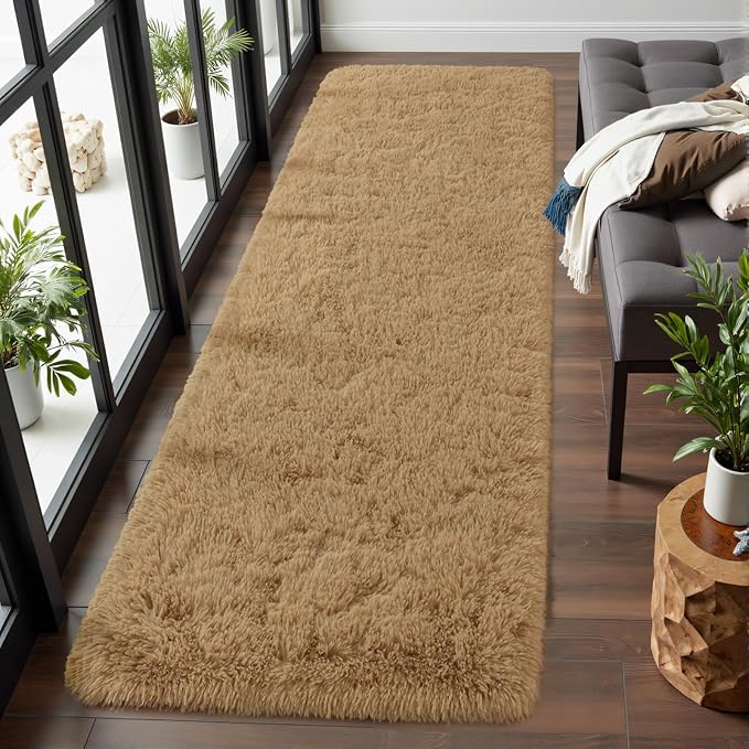 Macgace Fluffy Runner Rug, 2x6 Beige Washable Hallway Area Rugs for Bedroom Living Room Kitchen Laundry, Long Shag Rug with Non Slip Rubber Backing Fuzzy Entryway Carpet Modern Home Decor