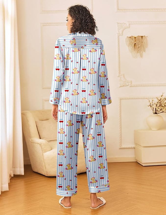 Ekouaer Womens Silk Satin Pajama Sets 2 Piece Sleepwear Pjs Set Long Sleeve Button Down Top and Pants Stripe Loungewear S-XXL
