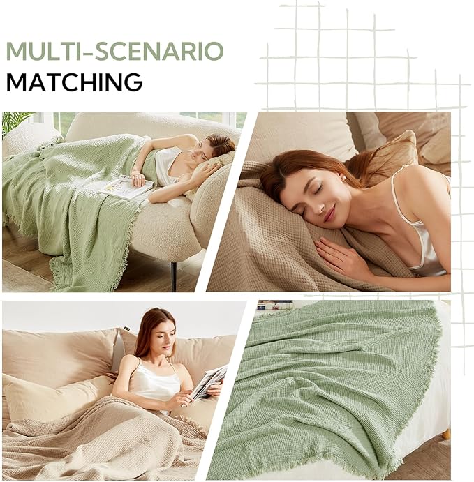 SOULFUL Muslin Throw Blanket with Tassels - Soft King Size Cotton Throw Blanket for Couch or Bed, Lightweight and Breathable Gauze for All Seasons, Grassgreen, 108" x 90"