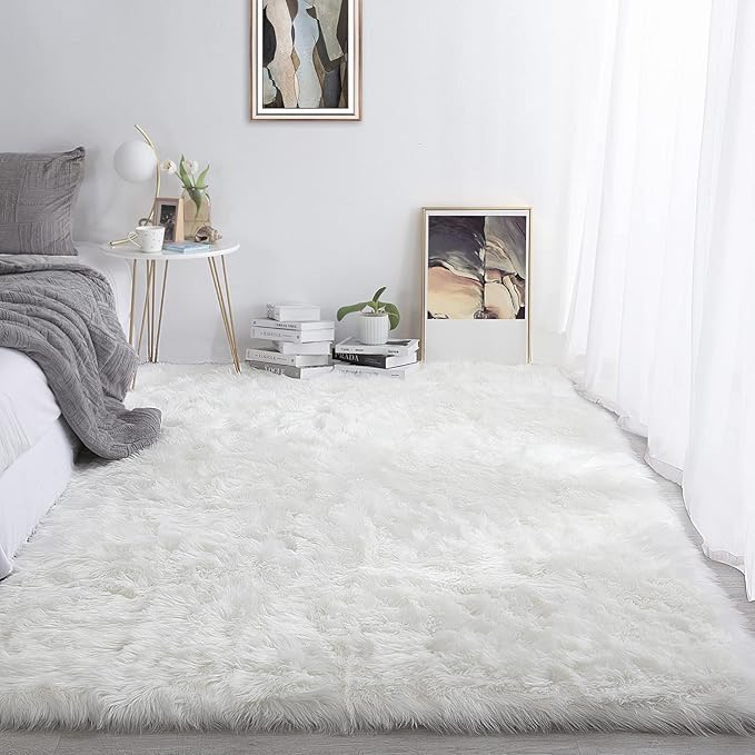 HOMBYS 10x10 Oversized Faux Fur Area Rug for Living Room Bedroom, Super Soft & Fluffy White Faux Sheepskin Play Carpet for Kids Children, Luxury Plush Furry Décor Shaggy Feet Mat for Bedside