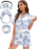 EPLAZA Silk Pajamas for Women Satin Pajamas Set 5 Pcs Long Sleeve Print Pattern Button Down Pjs Sleepwear Loungewear Set