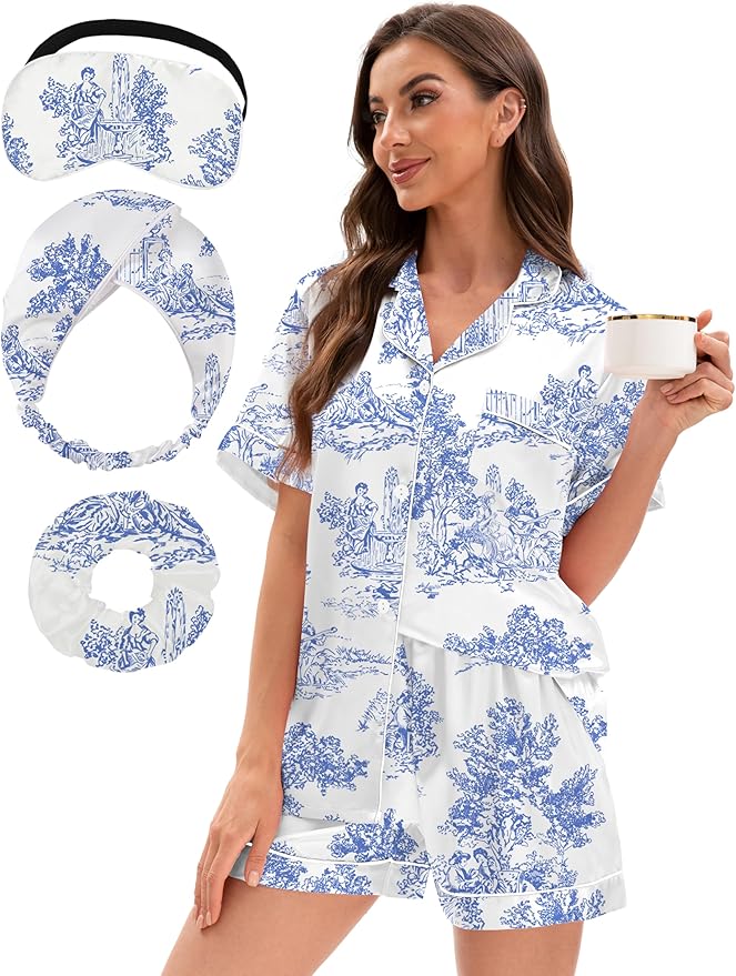 EPLAZA Silk Pajamas for Women Satin Pajamas Set 5 Pcs Long Sleeve Print Pattern Button Down Pjs Sleepwear Loungewear Set