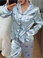 WDIRARA Women's 2 Piece Bowknot Print Satin Pajama Set Long Sleeve Button Down Lounge Pants Sleepwear Sets