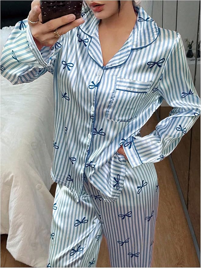 WDIRARA Women's 2 Piece Bowknot Print Satin Pajama Set Long Sleeve Button Down Lounge Pants Sleepwear Sets