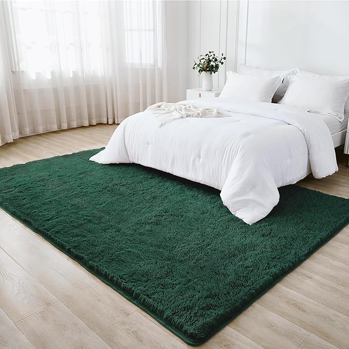 Litanika 4x6 Shag Area Rug for Living Room Bedroom, Emerald Dark Green High Pile Ultra Soft Plush Shaggy Furry Bedside Playroom Dorm Carpet, Non-Slip, Non-Shedding Modern Indoor Floor Rug