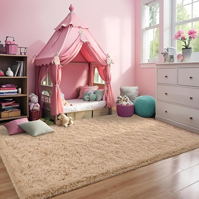 Beige Area Rug 8x10 Large Rugs for Living Room Bedroom, Fluffy Soft Rug Modern Carpets for Kids Room, Non-Skid Rectangular Indoor Rug for Girls Boys Playroom Nursery Room Home Decor