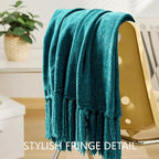 Chenille Throw Blanket for Couch 60"X 80" Twin, Soft Cozy Throws with Fringe Tassel for Bed Sofa Chair Cover, Lightweight Knitted Decorative Boho Blankets for Living Room, Teal