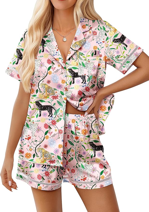 Ekouaer Womens Silk Pajama Sets Button Up Satin Pjs Short Sleeve 2 Piece Pj Sets Cute Lounge Sets with Chest Pocket