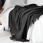 LOMAO Knitted Throw Blanket with Tassels Bubble Textured Lightweight Throws for Couch Cover Home Decor (Black, 50x60)