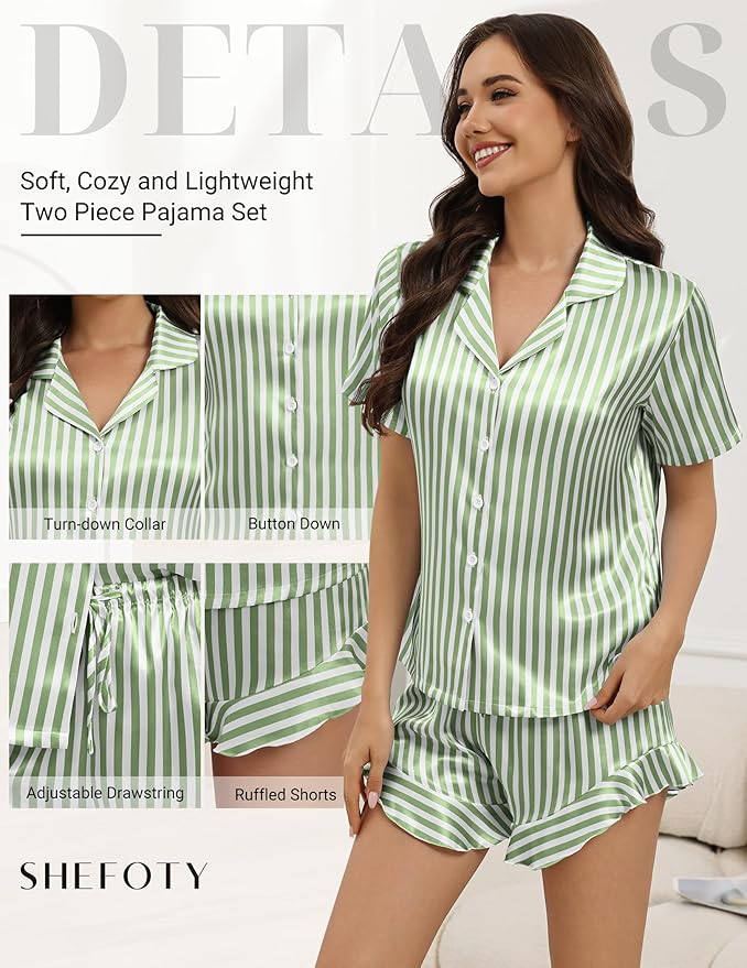 Silk Pajamas for Women Button Down 2 Piece Satin Pjs Shorts Set Ruffle Notch Collar Sleepwear Loungewear