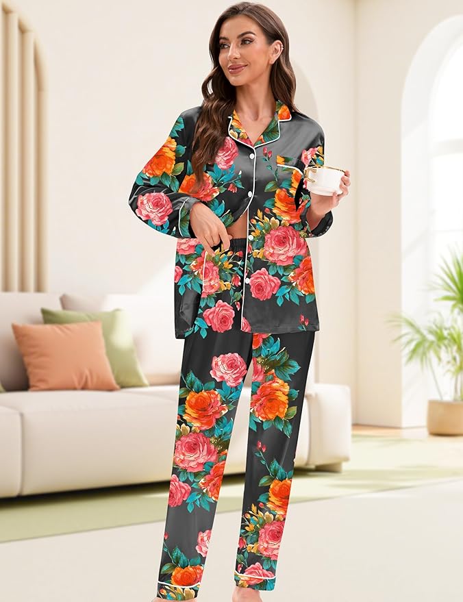 EPLAZA Silk Pajamas for Women Satin Pajamas Set 5 Pcs Long Sleeve Print Pattern Button Down Pjs Sleepwear Loungewear Set