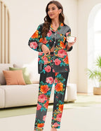 EPLAZA Silk Pajamas for Women Satin Pajamas Set 5 Pcs Long Sleeve Print Pattern Button Down Pjs Sleepwear Loungewear Set