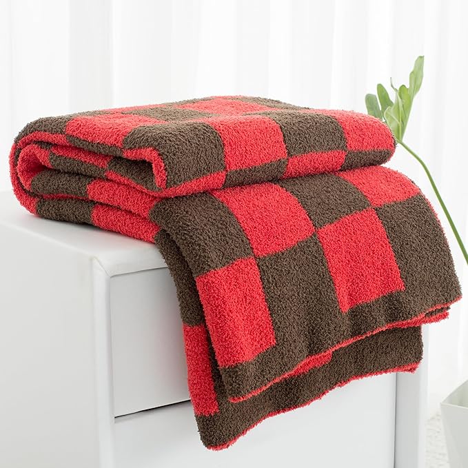 Carriediosa Checkered Throw Blanket 50" X 60", 400GSM Ultra Soft Microfiber Fuzzy Fluffy Reversible Cute Preppy Knitted Blankets Cozy Plush Fall Throws for Couch, Bed, Sofa, Red and Brown