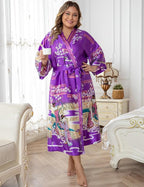 Women's Floral Long Satin Robes Plus Size Long Silk Robes Peacock Floral Kimonos Sleepwear Dressing Gown
