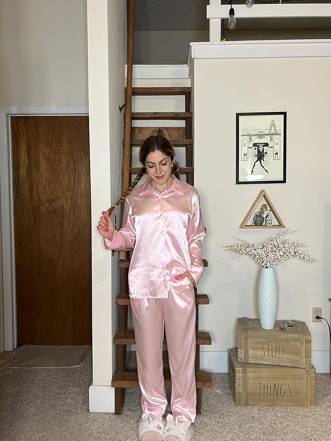 Ekouaer Women Satin Silk Pajamas Classic Long Sleeve Button Down Pjs Set Soft Loungewear