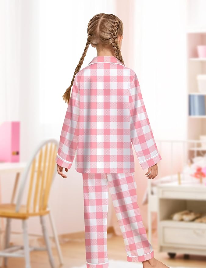 EPLAZA Kids Satin Pajamas Sets Girls Boys Button-Down Silky Pajamas Sleepwear with Hairband Eye Mask Hair Tie