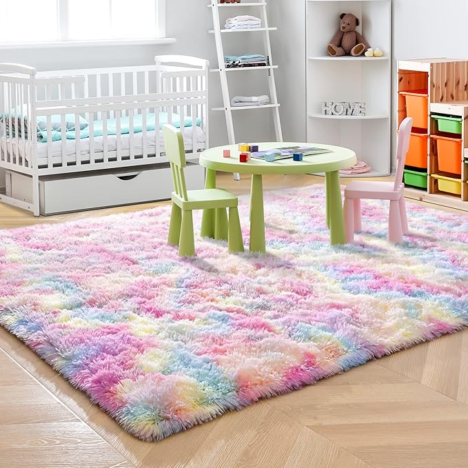 ISEAU Rainbow Rug for Girls Bedroom, 3 x 5 Feet Fluffy Area Rugs for Living Room, Ultra Kawaii Abstract Shaggy Colorful Carpet, Fuzzy Cute Unicorn Rug for Kids Girl Room Decor