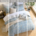 ALEISSEL Smoky Blue Botanical Cotton Comforter King Size - 3PC Lightweight Bedding Sets with Soft Fill, Luxurious Vintage-Inspired Floral Patterns, Light Gray Striped Reversible Design