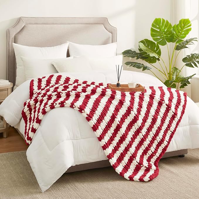 Amélie Home Chunky Knit Throw Blanket for Couch, Soft Chenille Handmade Crochet Throw Rope Knot Blanket for Couch, 50"x60",Red White Stripe