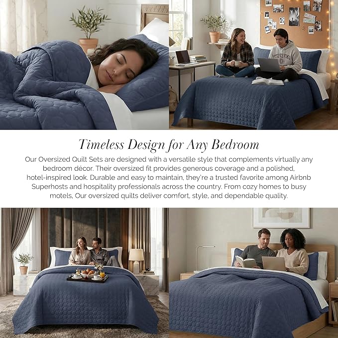 Southshore Fine Living, Inc. Oversized Quilts for King Bed, Lightweight Quilt Bedding Set, Soft Coverlet, 3-Piece Bedspread Set with Two Matching Quilted Pillow Shams, Cal/King Size, Navy Blue