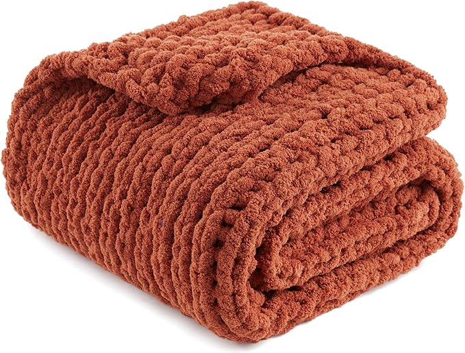 Amélie Home Chunky Knit Throw Blanket for Couch, Soft Chenille Handmade Crochet Throw Rope Knot Blanket for Couch, 50"x60", Burnt Orange