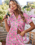 Ekouaer Womens Satin Silk Pajamas Set Short Sleeve Sleepwear Button Down Top and Shorts Loungewear 2 Piece Pjs Set S-XXL
