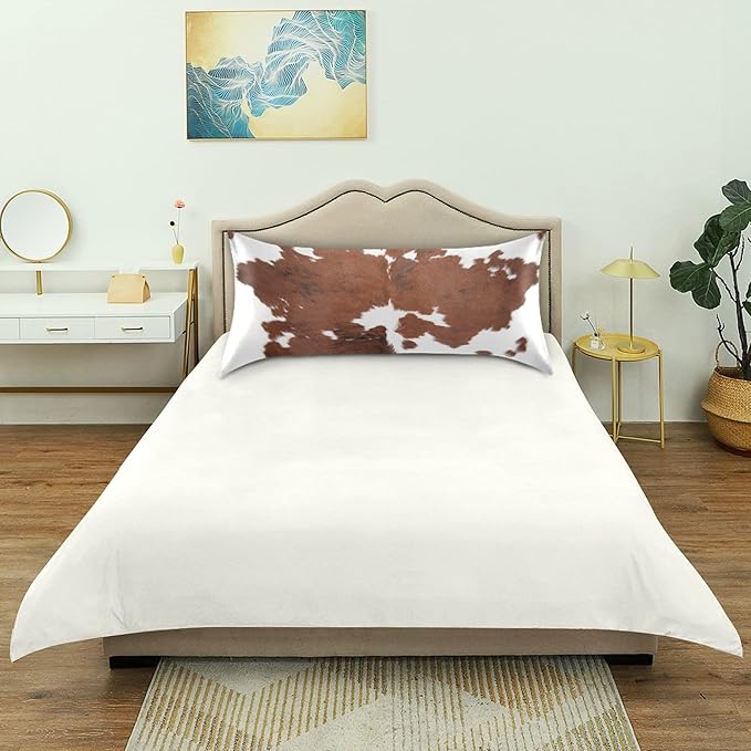 Farm Animal Cow Brown Cowhide Print Satin Pillowcase for Hair and Skin, Cow Skin Pattern Silk Pillow Case with Envelope Closure, Queen Size 20x30 inches, 1 PC