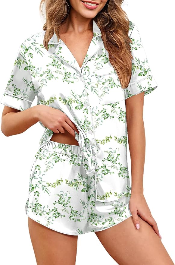 Ekouaer Womens Silk Satin Pajamas Set Short Sleeve Sleepwear Button Down Loungewear 2 Piece Pjs Shorts Set S-5X Plus Size