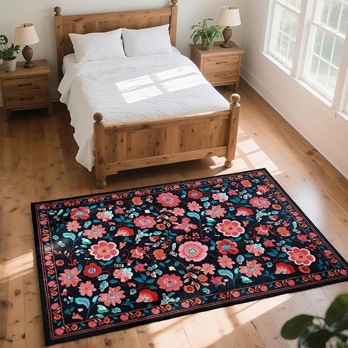 CRYPTOLITE Living Room Rug 6x9 Rug, Machine Washable Area Rug Non Slip Low Pile Floral Rug for Living Room, Bedroom, Farmhouse, Dining Room, Kids Playroom, Black