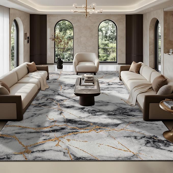 CRYPTOLITE Area Rugs 8x10 Rug for Living Room Abstract Washable Rug with Non-Slip Backing Low Pile Area Rug for Bedroom, Dining Room, Gold&Grey