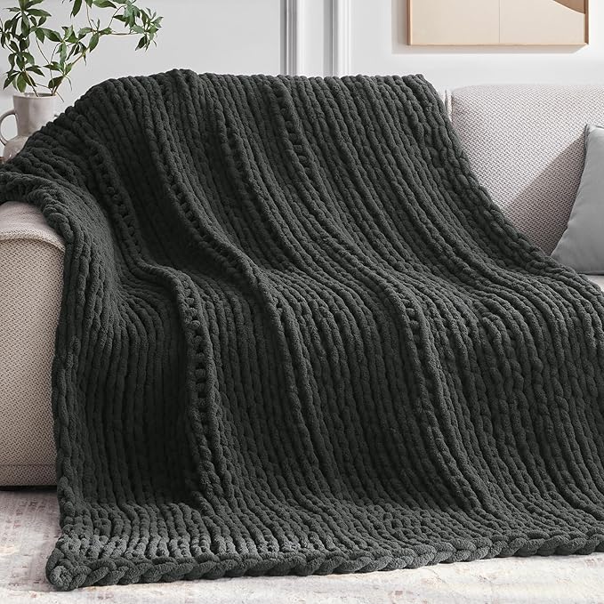 Negwoo Chunky Knit Throw Blanket, 50''*60'' Knitted Throw Chenille Yarn for Bed Couch, Handmade Dark Grey Crochet Big Thick Blanket, Machine Washable Cute Comfy Blanket for Home Decor