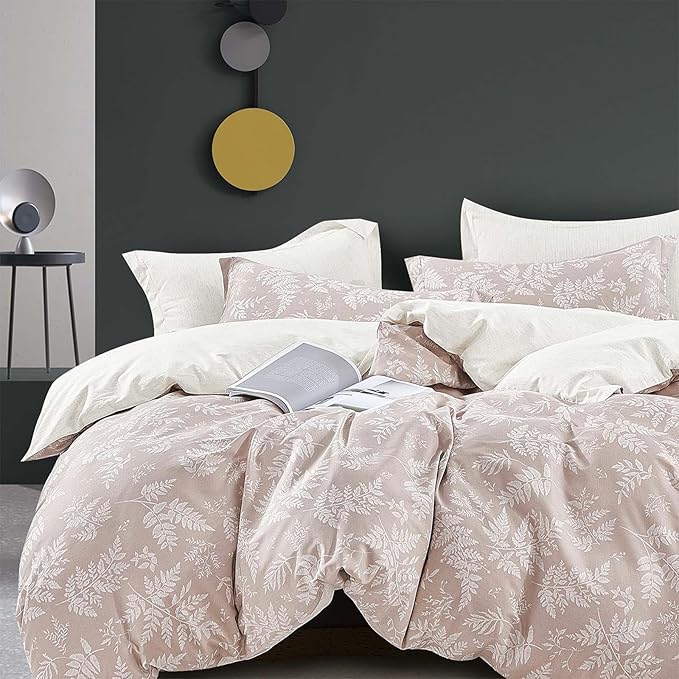 ALEISSEL Natural Cotton 3pcs Botanical Comforter Sets King Size-Dusty Pink Comforter with Luxurious White Leaves & Branches, Reversible Lightweight Beige Bedding Sets(King 104"×90")