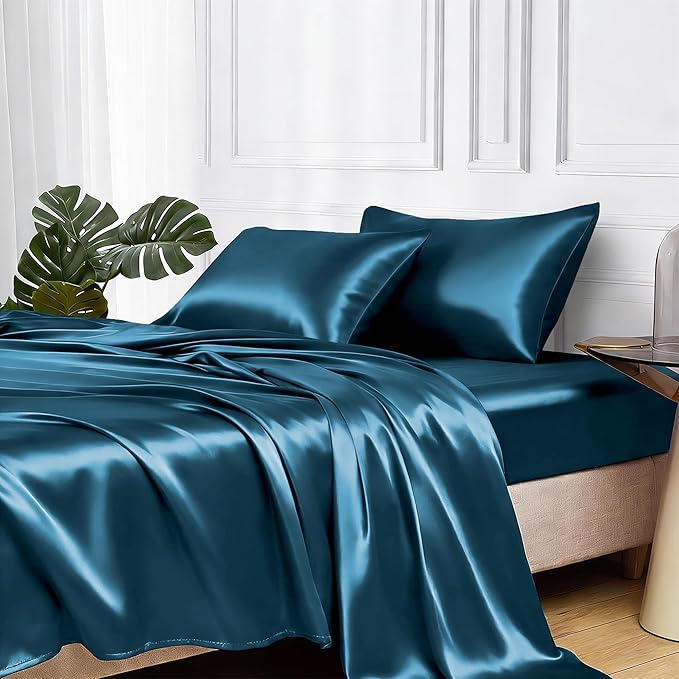 MR&HM Satin Bed Sheets, Twin Size Sheets Set, 3 Pcs Silky Bedding Set with 15 Inches Deep Pocket for Mattress (Twin, Teal)