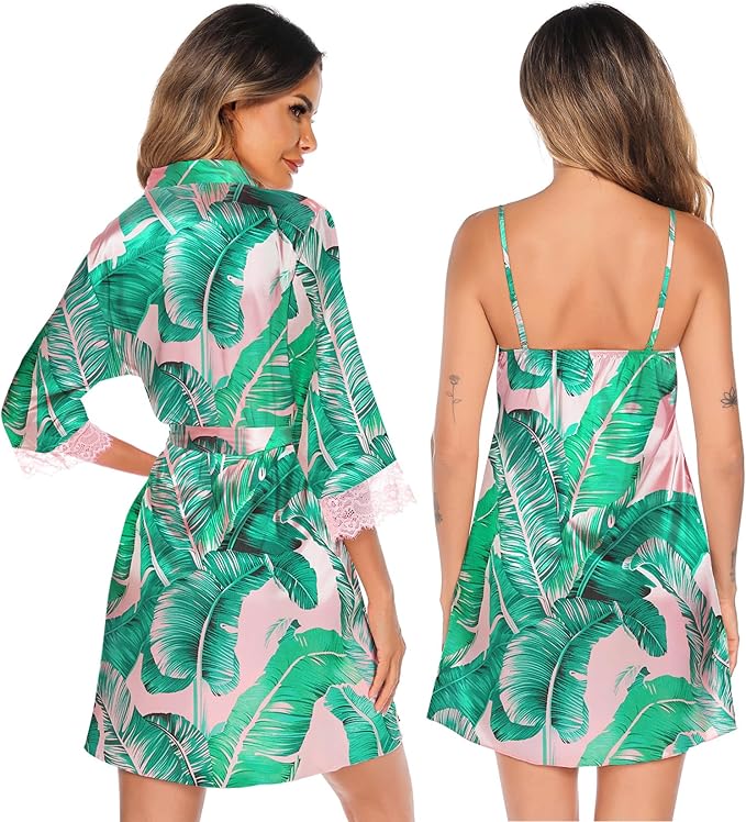 SWOMOG Women's Satin Robe Set 2 Piece Sexy Pajamas Sets Lace Cami Nightgown and Silk Robes Nightwear