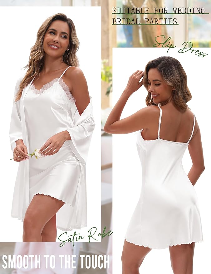 EPLAZA Bride Robe for Wedding Day Set Bridal Robes Satin Robe with Sexy Silk Lingerie for Bachelorette Party Getting Ready
