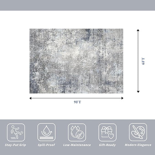 6x9 Washable Living Room Rug – Modern Neutral Abstract Large Indoor Area Rug for Bedroom Dining Room – Non-Slip, Soft, Low-Pile, Thin, Stain-Resistant Indoor Carpet（Blue Grey,6x9）