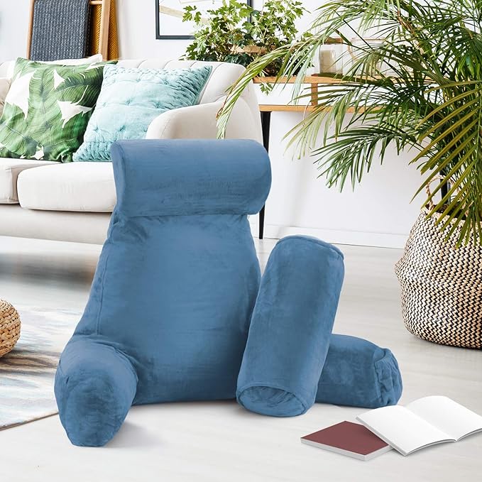 Clara Clark Reading Pillow with Shredded Memory Foam Includes 2 Neck and Lumber Support Pillows Designed for Sitting Up in Bed and Couch Back and Arms Adjustable Support for Adults & Teens Blue Heaven