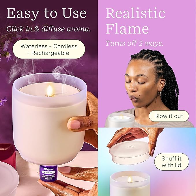 Lifelines Flameless Candle Aromatherapy Essential Oil Diffuser with 4 ClickWick Essential Oil Blends - Cordless & Waterless Diffuser for Home - Scented Electric Candles Blow Out Flame - Frosted Cream