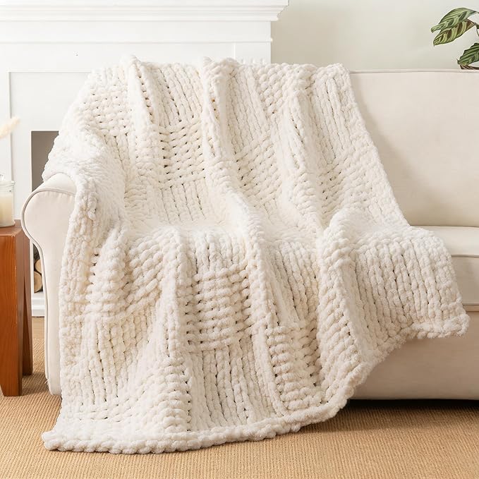 Bunnikins & Clover Cream White Hand Knitted Blanket with Chenille Yarn, Chunky Knit Ivory Throw Blanket for Bed Living Room Home Decor, 50"x60"