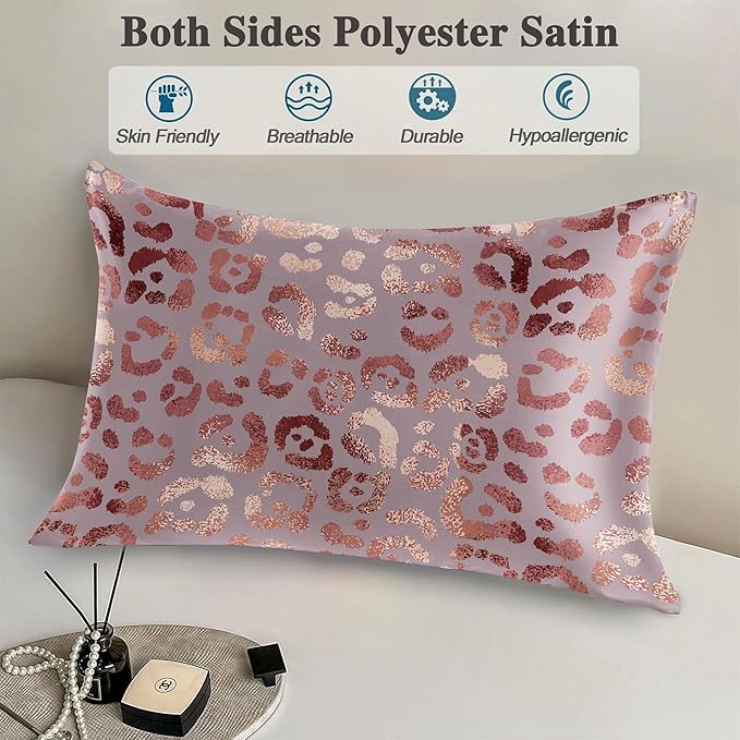 1 Pack Satin Pillowcase for Hair and Skin Abstract Rose Gold Leopard Imitation Silk Pillowcase with Hidden Zipper Soft Breathable Smooth Cooling Pillow Cover Queen Size for Bedroom Sofa 20”x30”