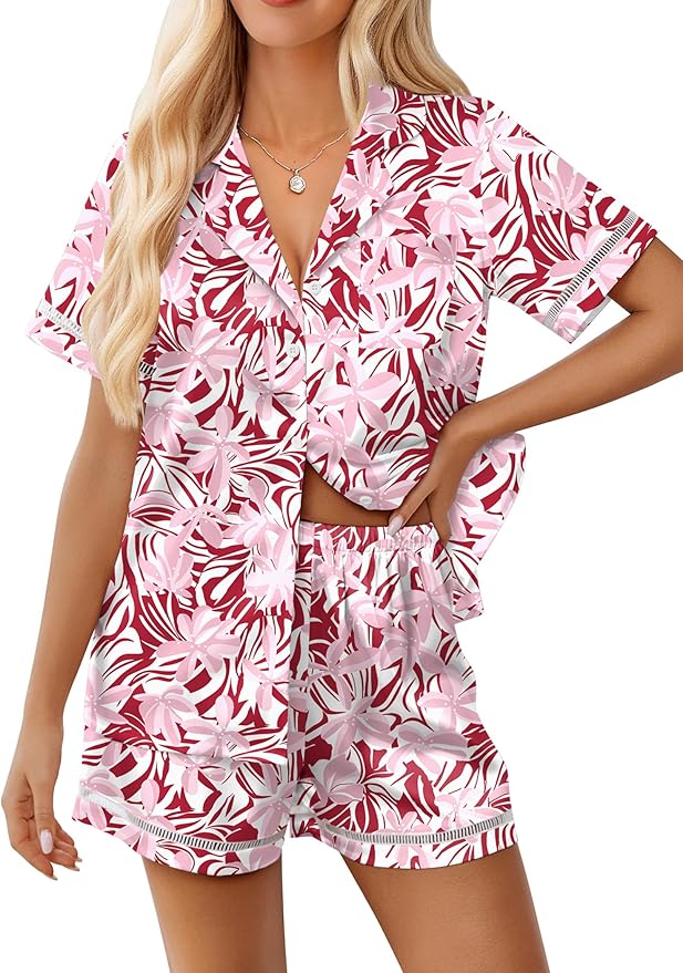 Ekouaer Womens Silk Pajama Sets Button Up Satin Pjs Short Sleeve 2 Piece Pj Sets Cute Lounge Sets with Chest Pocket