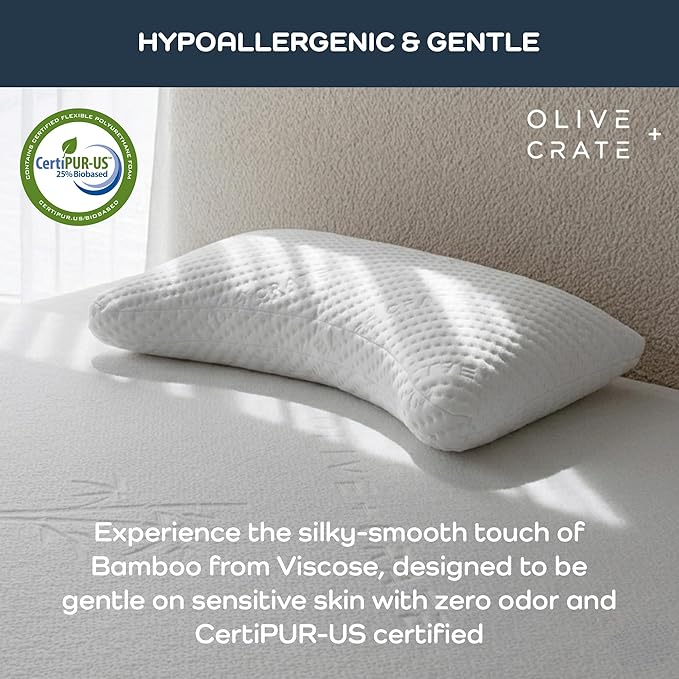 Olive + Crate BreathePure™ Adjustable Cooling Shredded Memory Foam Pillow - Breathable Bamboo Viscose Cover for Temperature Control - Crescent Gel Pillows for Side Sleepers - Queen Size