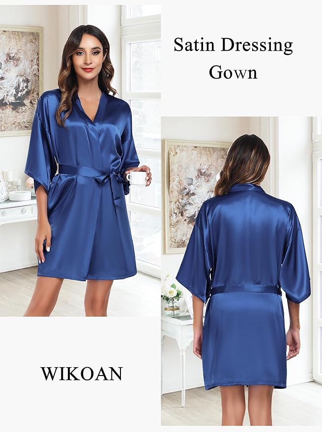 Women's Short Satin Robe Silky Bathrobes Bridal Bridesmaid Kimono Robe V-Neck Sleepwear S-XXL