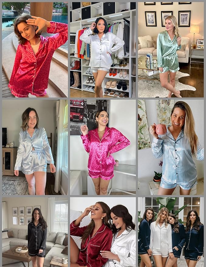 Ekouaer Satin Pajama Set for Women Button Down Pj Set Long Sleeve Top and Shorts 2 Piece Loungewear Summer Soft Sleepwear