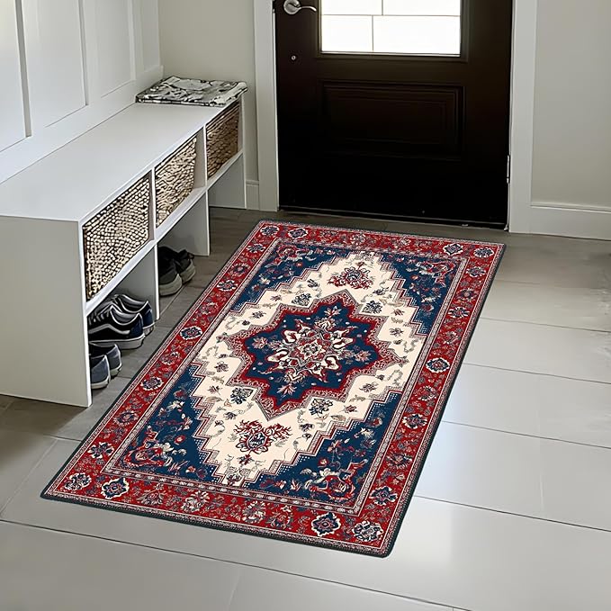 Area Rug 2x3 ft Entry Rug Washable Boho Rugs Non Slip Rubber Backing Low Pile Floral Door Mat Small Carpet for Bedroom, Bedside, Kids Room