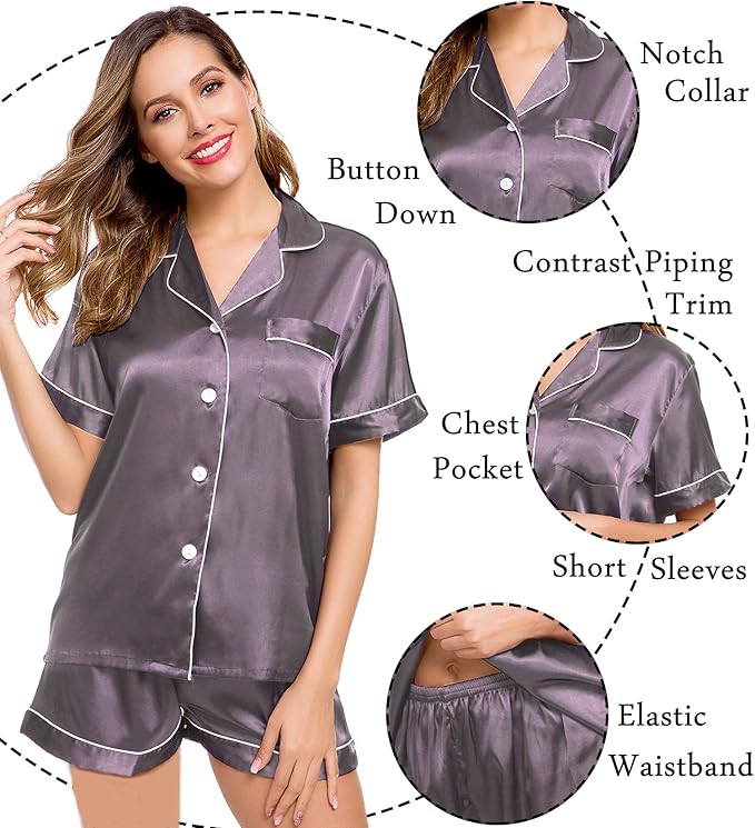 LecGee Womens Silk Satin Pajamas Short Sleeve Loungewear Two-Piece Sleepwear Button-Down Pj Set